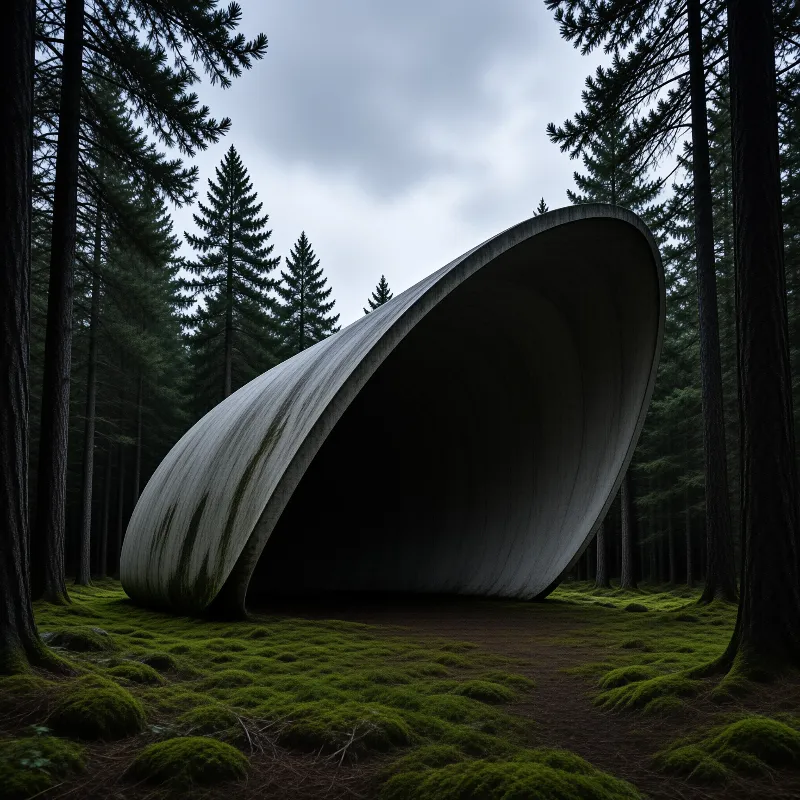 Large curved concrete architecture sits within a dense mossy pine forest under cloudy skies.