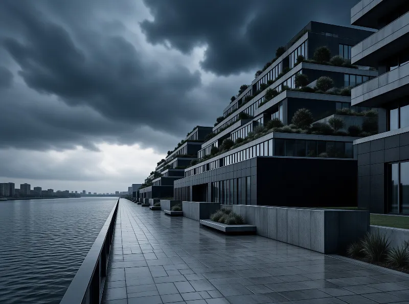 Tiered green waterfront building overlooks a wet promenade under heavy storm clouds, the dark sky looming over the scene.