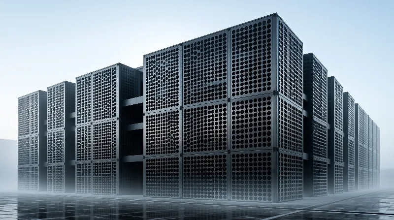 Perforated server racks line a misty corridor with cool blue lighting and a glossy reflective floor surface.