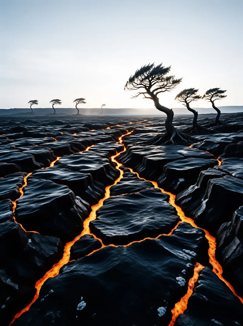 Twisted trees rise from a dark fractured landscape with glowing orange cracks extending into the distance.
