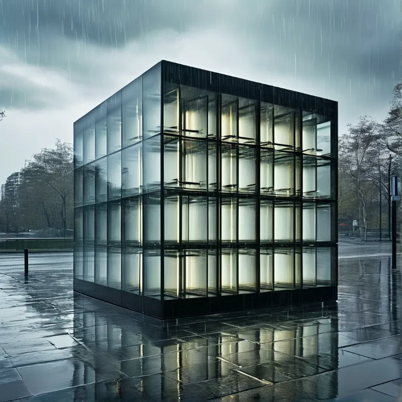A large illuminated glass cube reflects on wet pavement during a storm