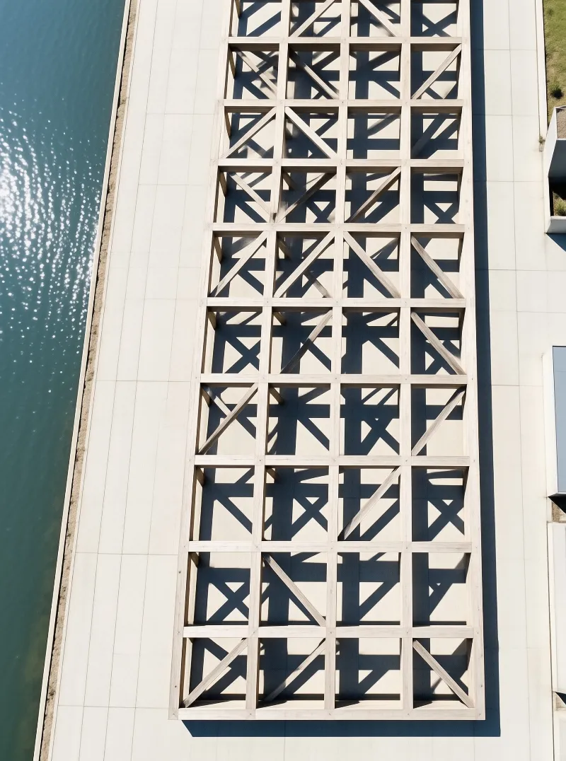 White architectural screen with diagonal cross bracing casts distinct shadows on a wall beside glittering water.
