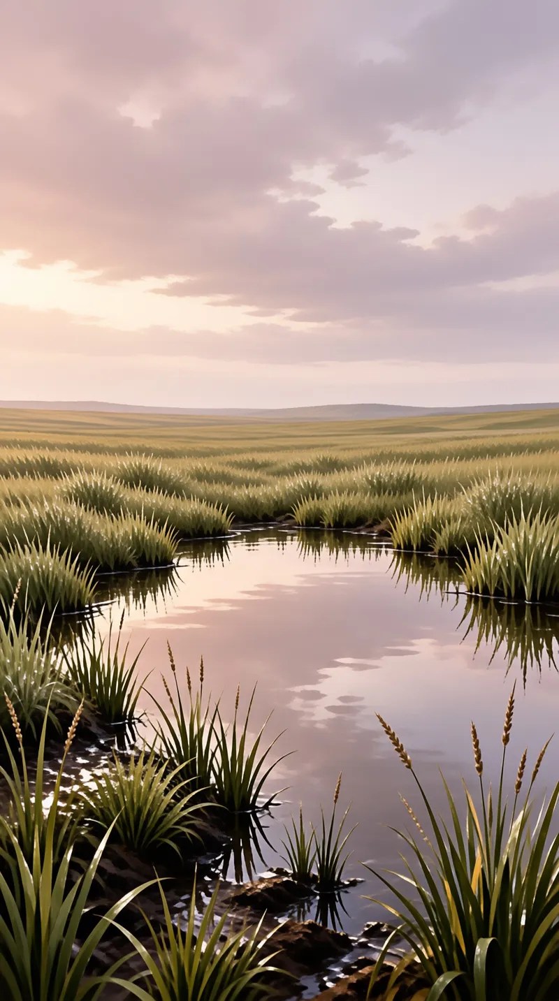 A calm stream winds through tall reeds in a vast marshland under a pastel sky during twilight hours.