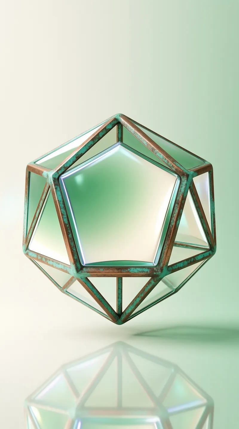 A geometric copper frame structure with translucent green panels floats above a reflective floor.