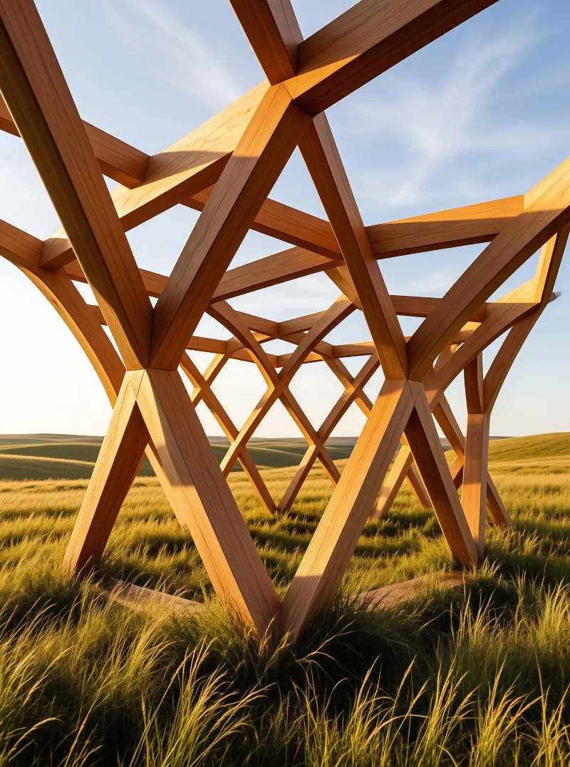 A complex lattice of light wooden beams forms an open shelter within a field of tall grass bathed in warm afternoon sunlight.