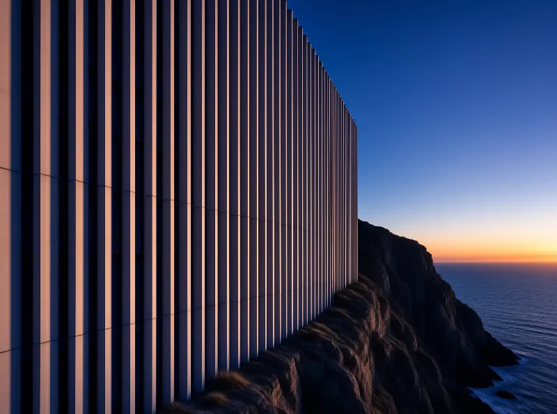 Modern vertical building facade rising above rugged coastal cliffs with a gradient sunset sky