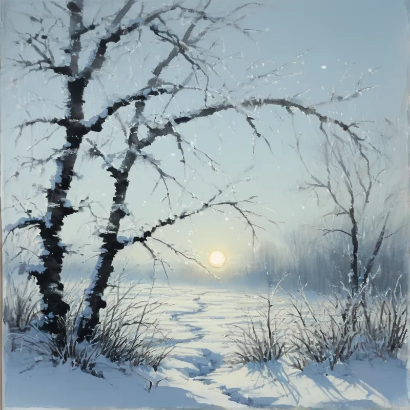 A snow laden birch tree arches over a frozen riverbank as a low pale sun glows through drifting winter mist