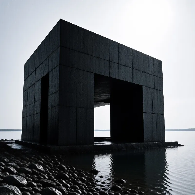 A massive dark concrete cube structure stands on a rocky shore with a large hollow opening facing the calm grey water under an overcast sky.
