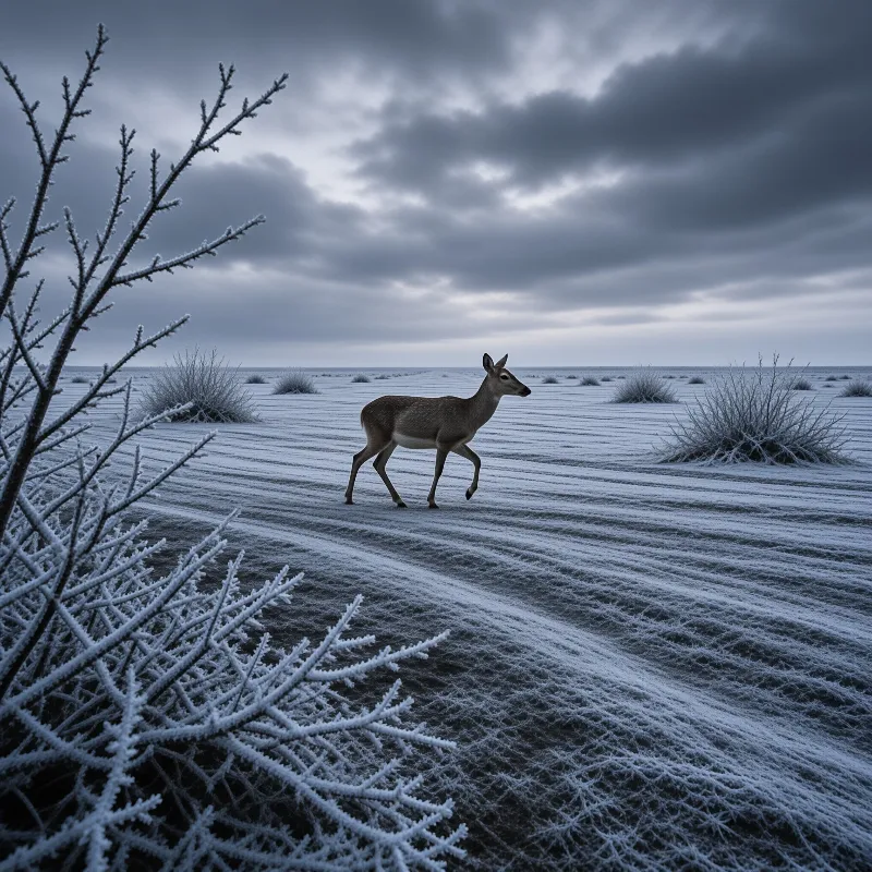 A deer walks through a frozen landscape with icy bushes in the foreground and dark clouds overhead.