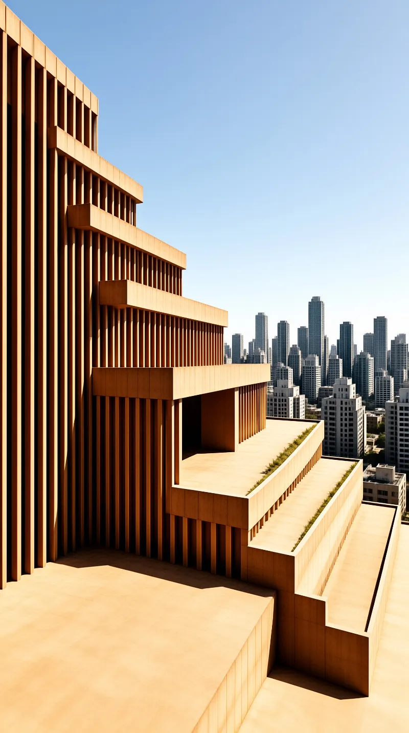 Vertical bronze fins cover a stepped building facade while a distant city skyline rises under a bright blue sky.