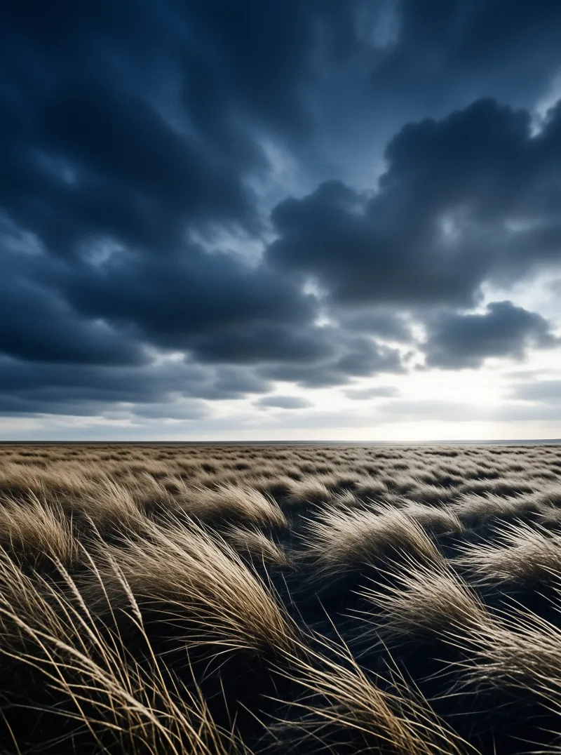 Windswept grasses lean across a wide field beneath heavy dark clouds with sunlight breaking near the horizon line.