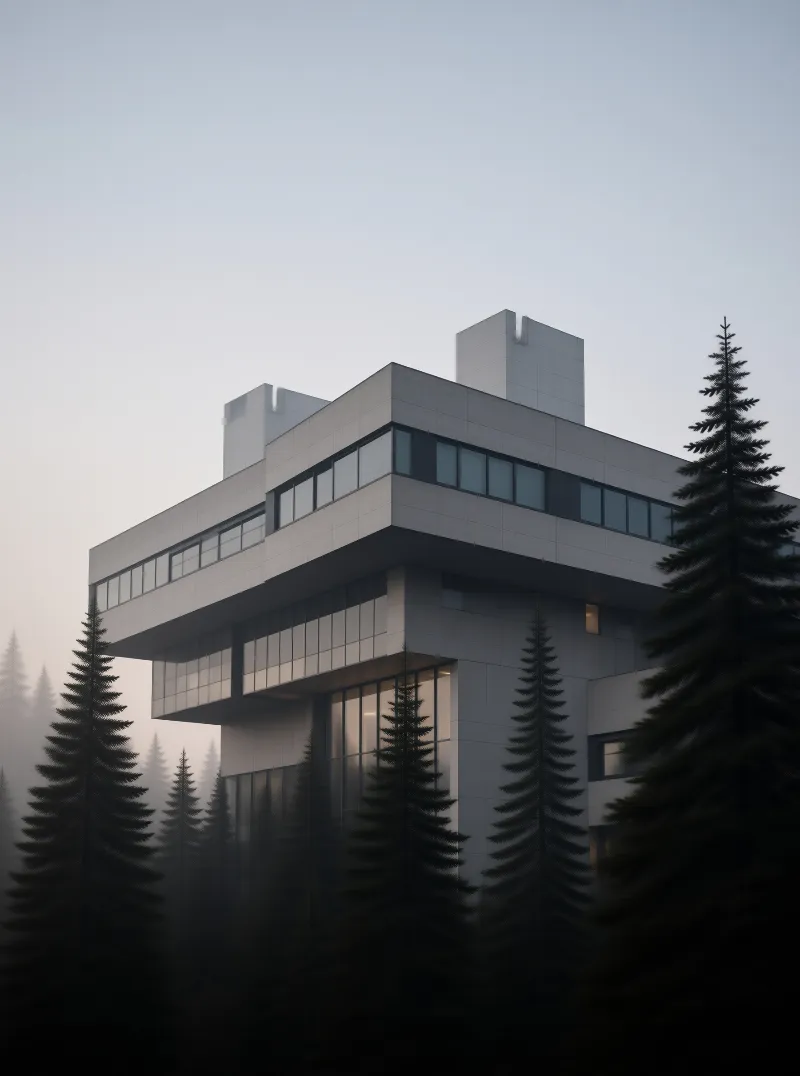 Brutalist Building in Mist