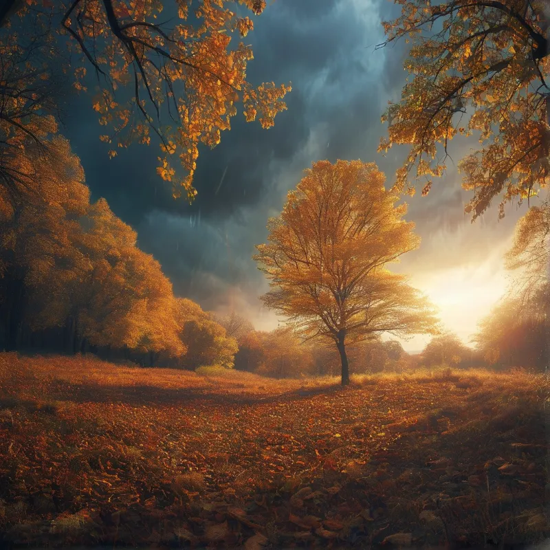 A single golden leafed tree stands in a forest clearing covered in fallen leaves, with dark storm clouds overhead and warm sunbeams breaking through the haze.