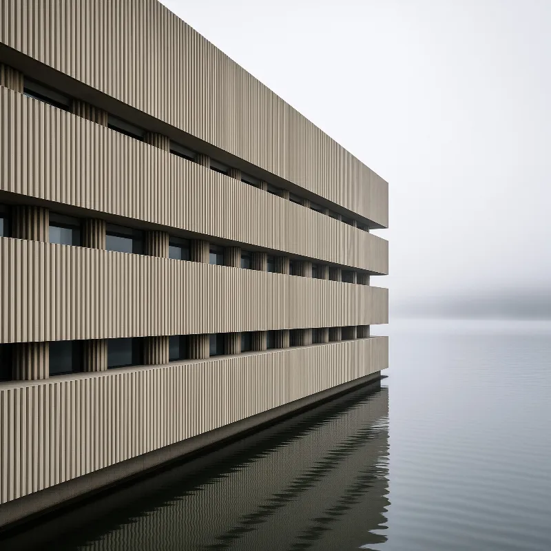 Large beige building with vertical panels overlooks calm water under a grey misty sky.