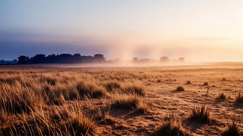 Golden grass growing on sandy ground under a warm glowing sky with misty silhouetted trees in the distance