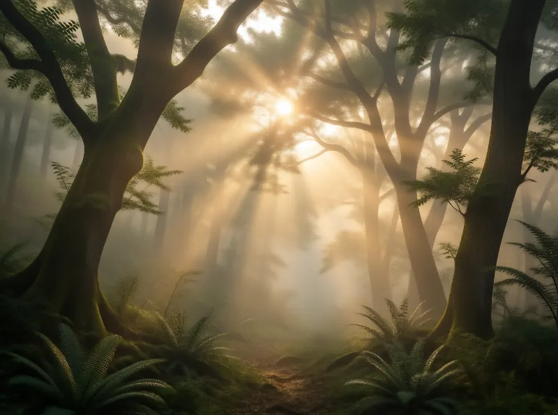 Sunlight in Misty Forest