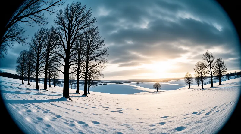 Leafless trees cast long shadows across snowy hills while warm sunlight breaks through dark clouds near the horizon.