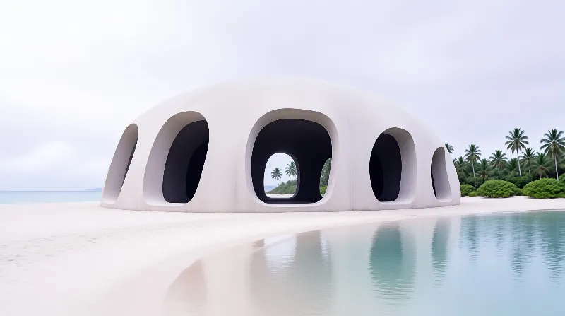A large white structure with rounded openings sits on a beach near palm trees and water.