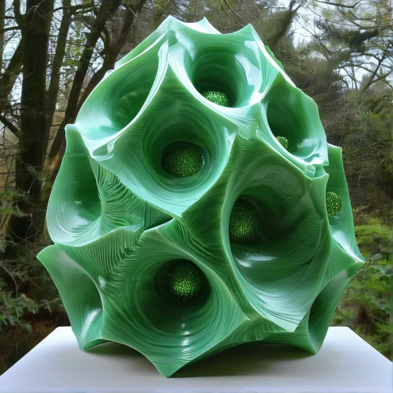 A glossy jade sculpture of swirling funnels holds sparkling green spheres and sits on a white plinth outdoors.