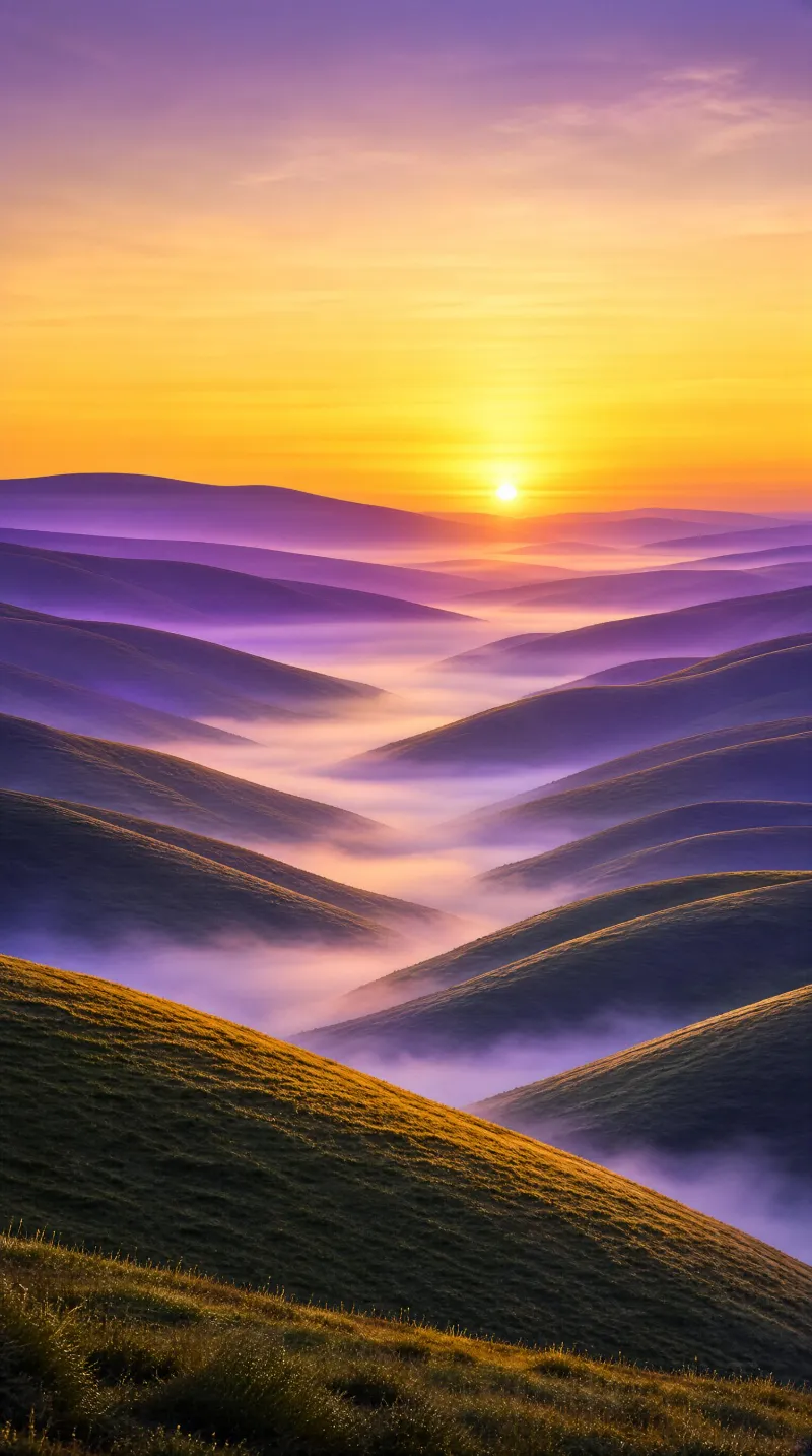 Golden Sunrise Over Misty Hills