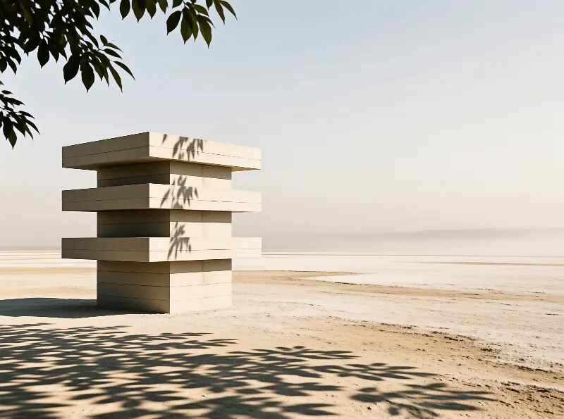 A minimalist concrete building stands alone on a vast white salt flat while dappled tree shadows fall across the sand.