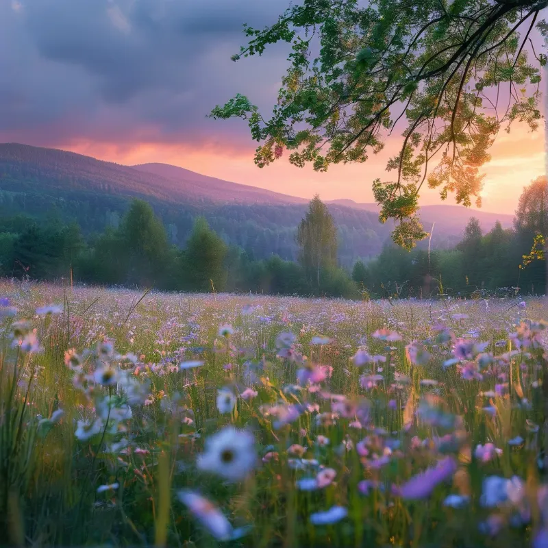 Sunset Over Flower Field