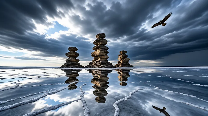 Three stone stacks rise from cracked frozen ice reflecting a dramatic cloudy sky with a bird flying above.