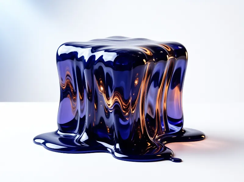 A deep blue melting cube sits on a white surface reflecting warm orange light on its glossy metallic surface.