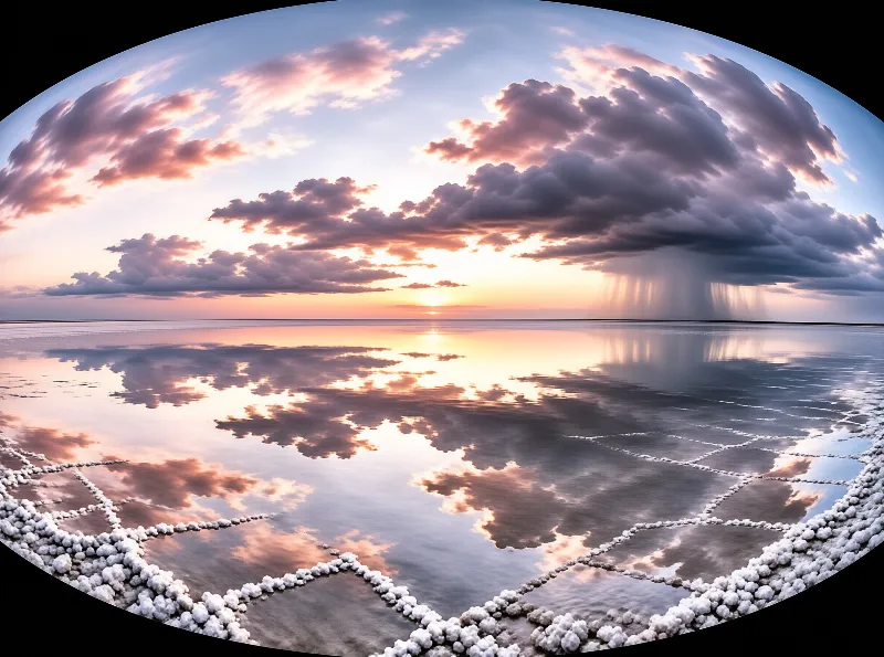 A vast salt flat mirrors sunset sky with dark clouds and rain while geometric crystal patterns line the wet foreground.
