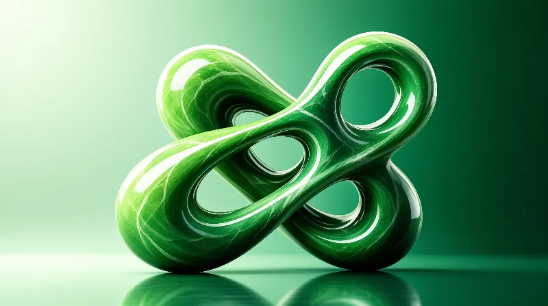 A polished green twisted ring floats above a matching surface with bright highlights.