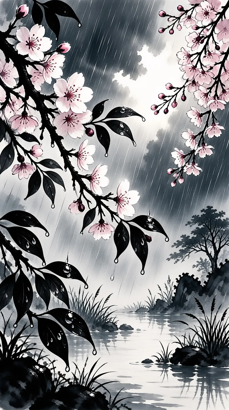 Pink cherry blossom branches extend over a still pond during a heavy downpour with dark clouds overhead.