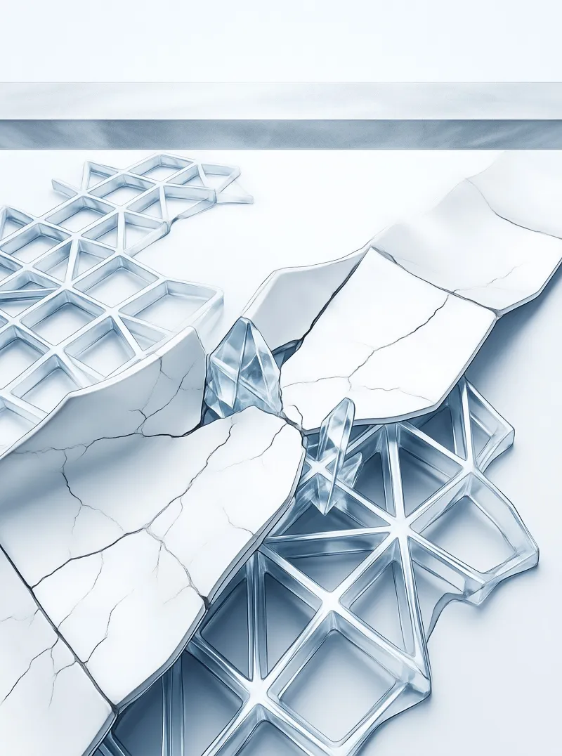 White fractured marble panels reveal a blue glass lattice with sharp crystals in soft studio light.