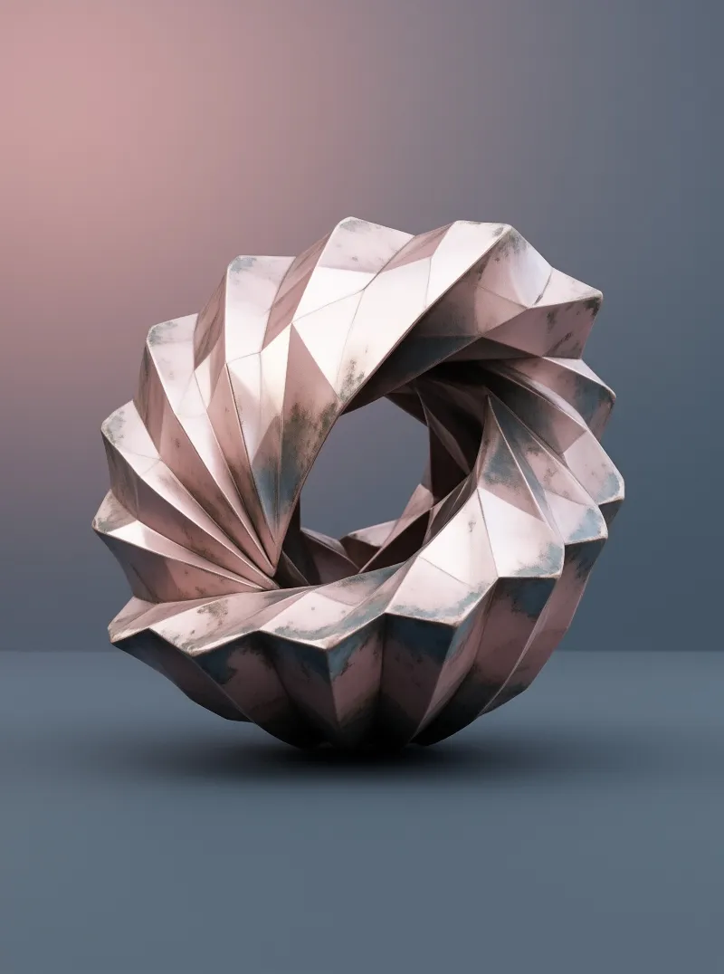 A low-poly metallic ring sculpture with weathered rose-gold facets floats against a soft pink and slate gradient backdrop.