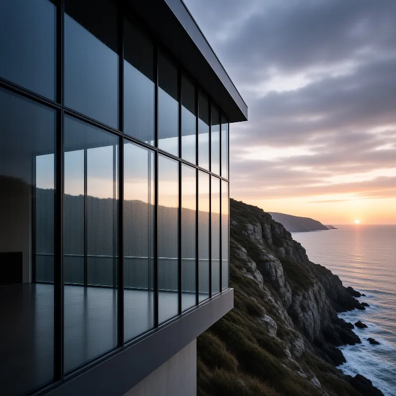 Contemporary architecture with reflective windows overlooks a rugged coastline under a warm twilight sky.