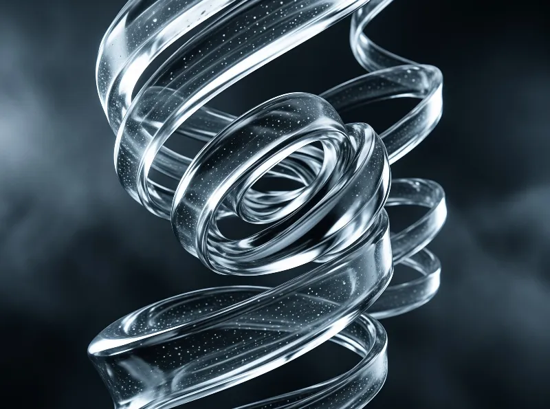 A clear twisted ribbon structure floats against a dark blurred background with bright reflections highlighting its curves.