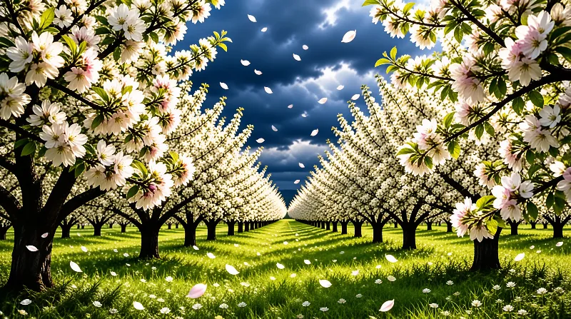 Symmetrical rows of white blossoms line a grassy lane with falling petals beneath heavy clouds.