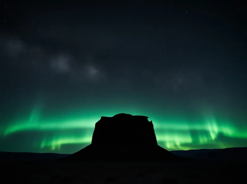 A black rock formation stands beneath a vibrant green aurora across a starry night sky.