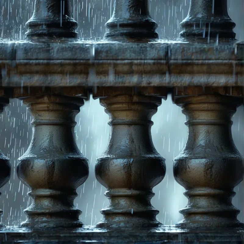 Wet stone railing posts stand against a blurred background while vertical streaks of falling rain create a cool blue atmosphere across the architecture.