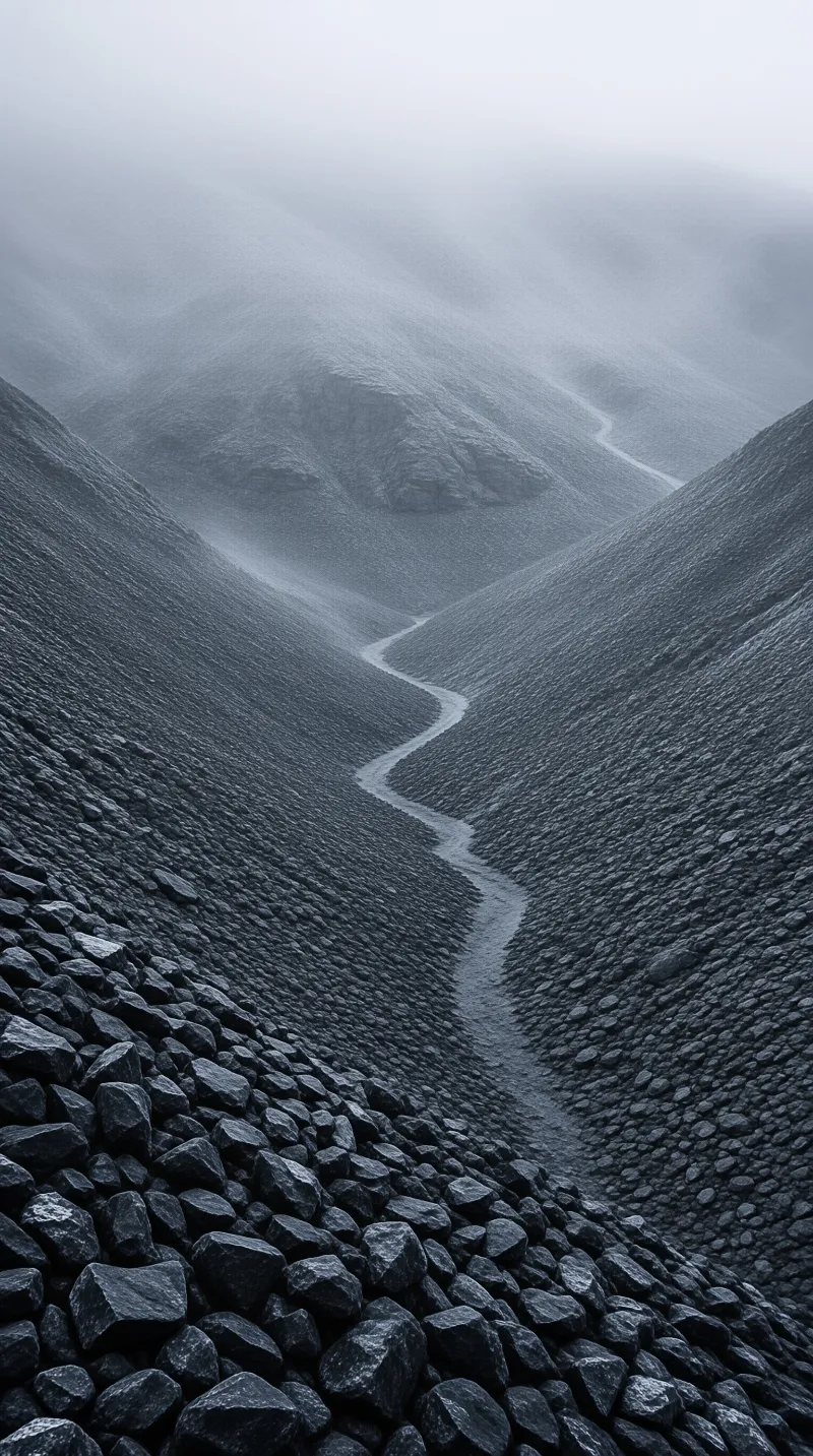 A serpentine path winds through dark rocky slopes, vanishing into a valley shrouded by thick grey mist.