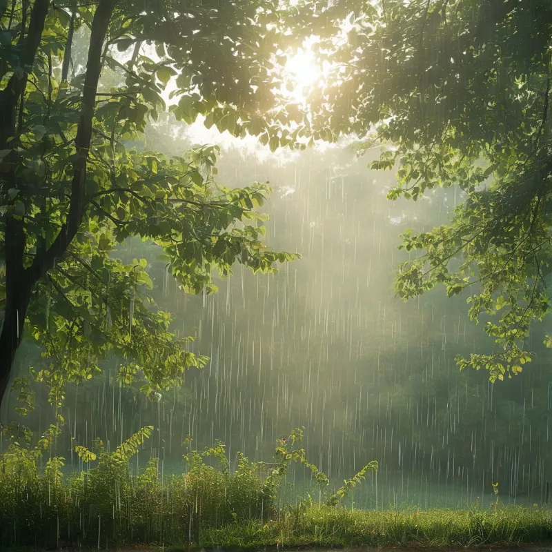 Sunlit Misty Forest Rain