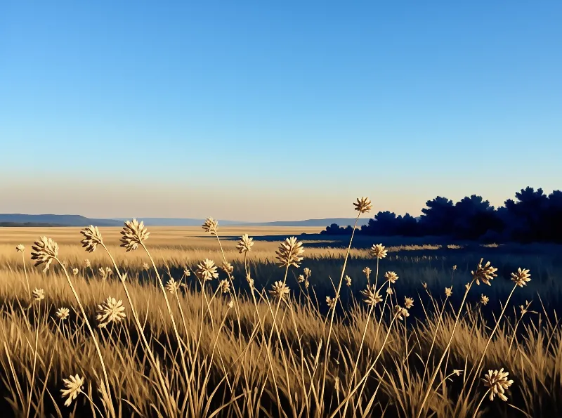 Tall grasses with fluffy seed heads stand in a golden field while a dark treeline sits under a clear blue sky.