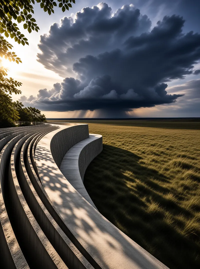 A series of curved concrete walls winds through a grassy field while sunlight breaks through heavy storm clouds.