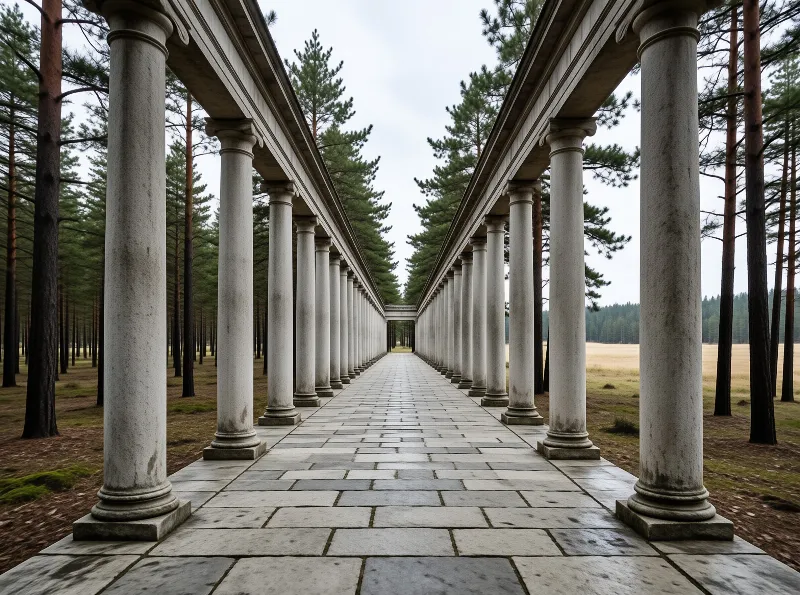 Two rows of pale classical columns form a covered walkway leading into a tall pine grove under an overcast sky.