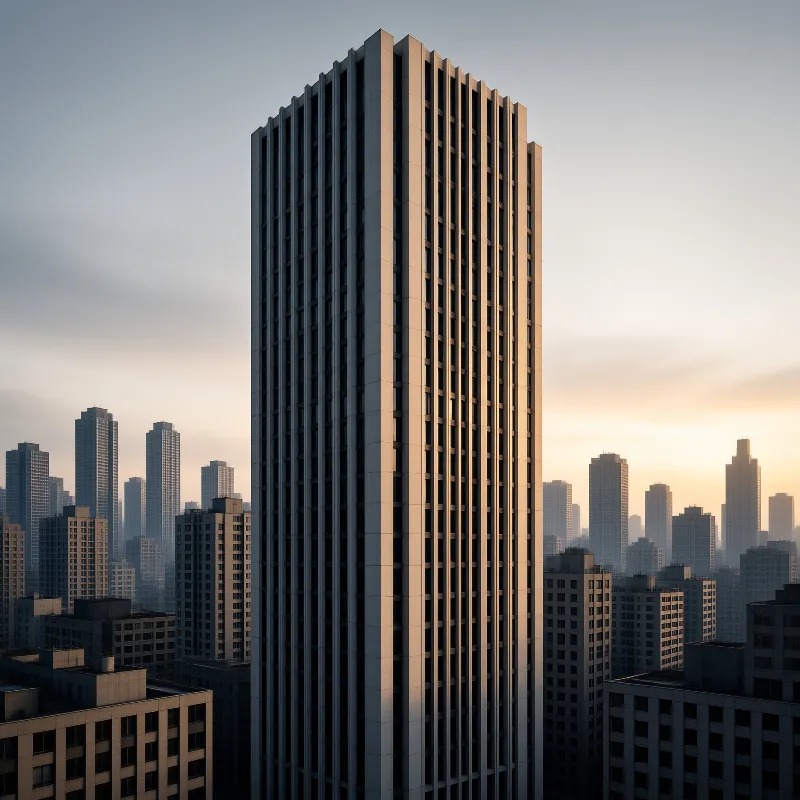 A tall skyscraper stands while warm sunlight illuminates its right side against a backdrop of distant buildings.