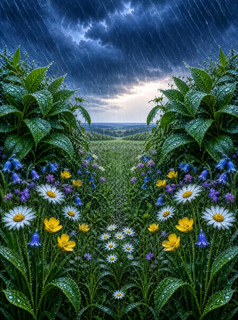 Rainy Meadow with Wildflowers