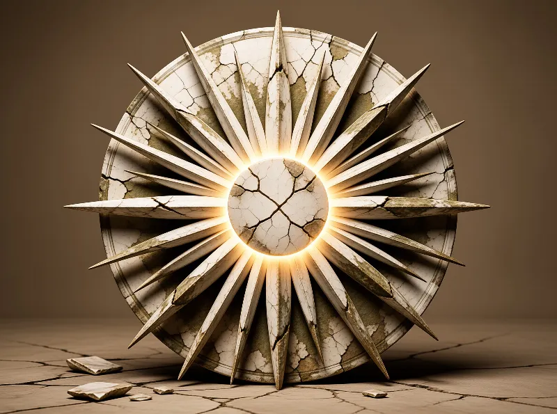 A weathered stone sunburst with spikes stands on a cracked floor while its center emits a golden glow.