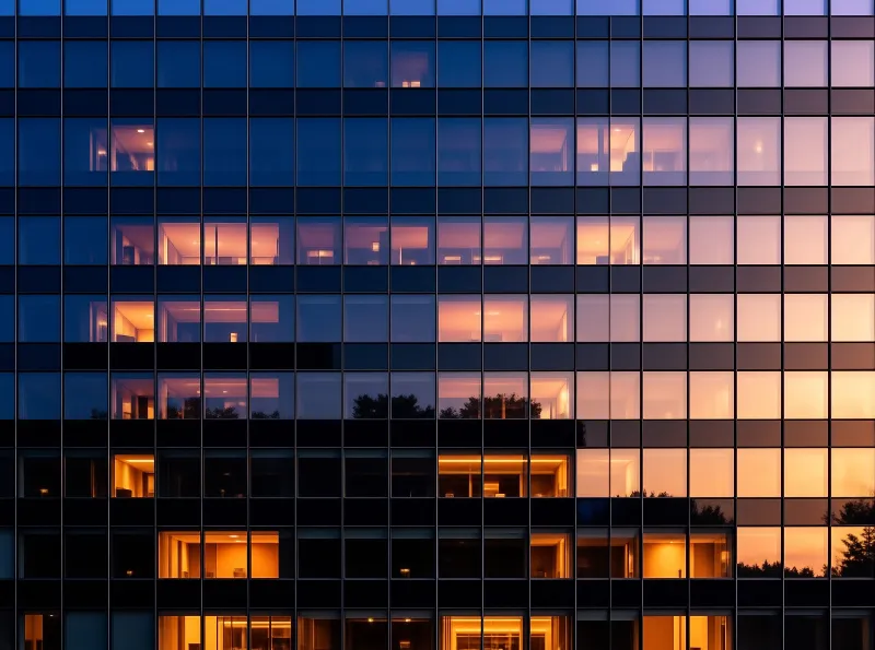 A grid of office windows displays warm yellow lighting against a cool blue evening atmosphere.