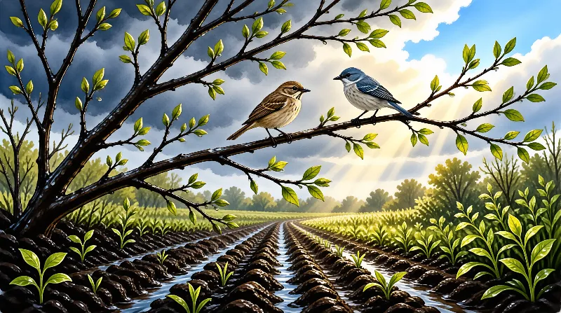 Two small birds sit on a tree branch overlooking a wet field with sunlight breaking through the clouds.