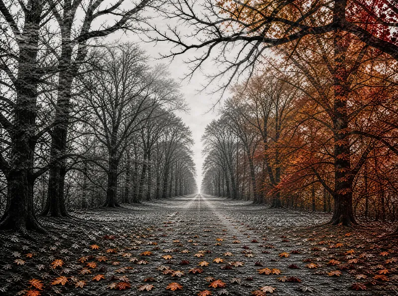 A road through a forest with trees showing autumn colors on one side and grayscale on the other under an overcast sky.