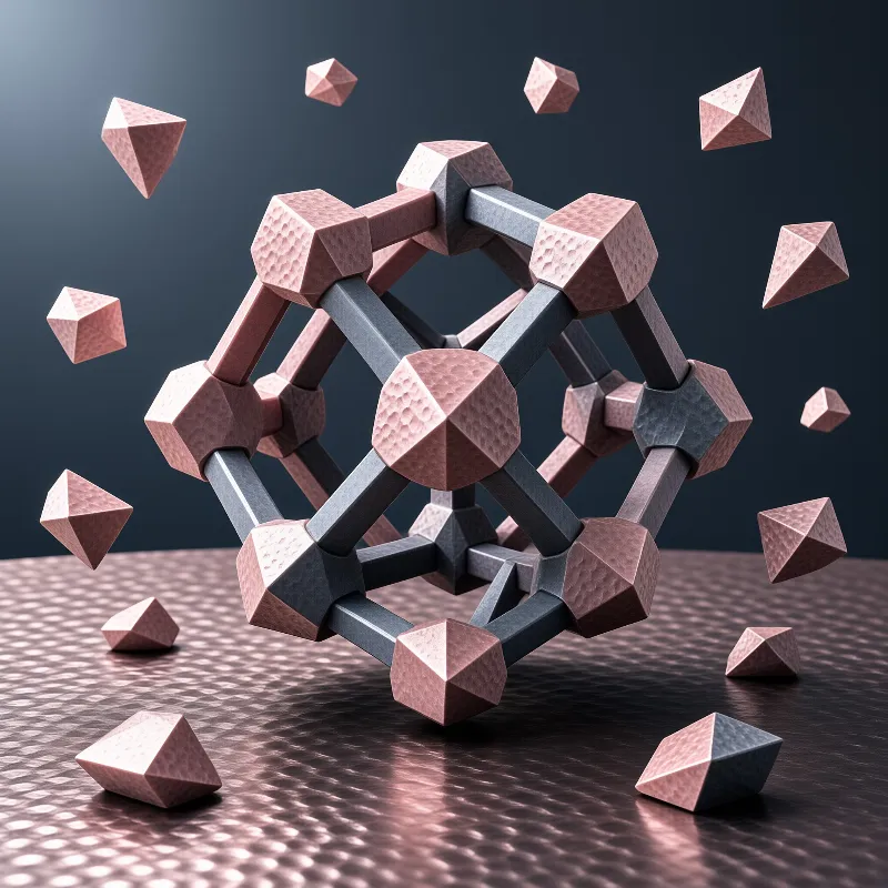 An intricate copper and steel lattice rests on a hammered surface surrounded by floating tetrahedrons.